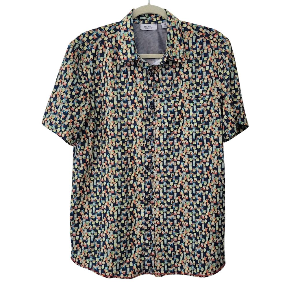 Projek Raw Size M Tropical‎ Drink Print Short Sleeve Button Up Vacation Shirt